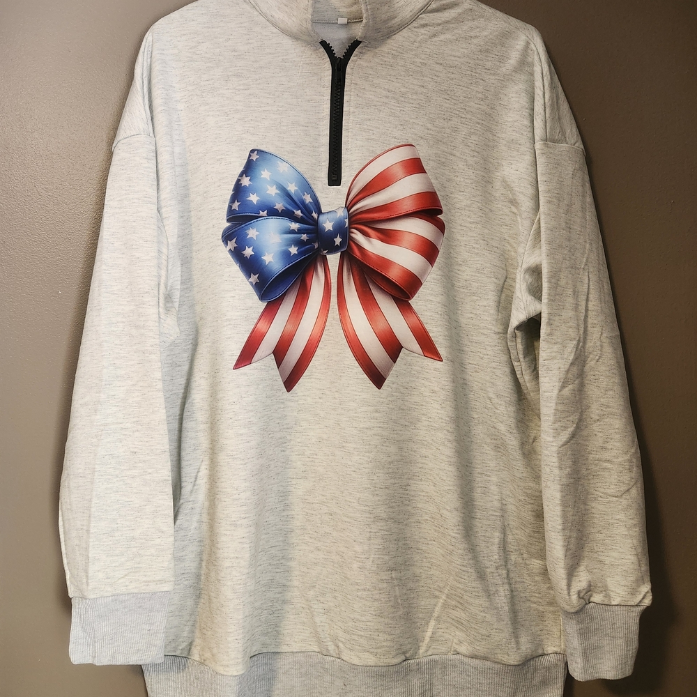 Women's V-Neck Sweater with Patriotic Bow Design